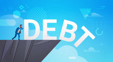 businessman pushing debt in abyss freedom finance crisis concept horizontal full length vector illustrationのイラスト素材