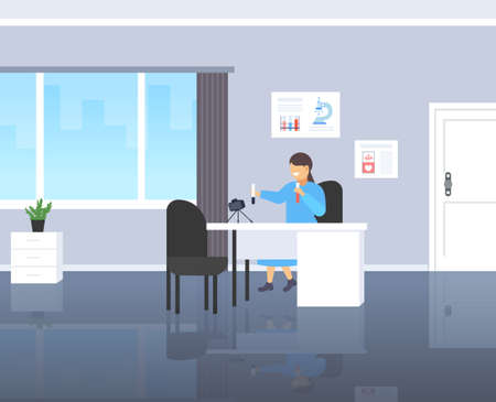 female doctor blogger holding test tubes with different liquids woman scientist recording video with camera on tripod medicine blogging concept modern clinic interior full length horizontal vector illustrationのイラスト素材