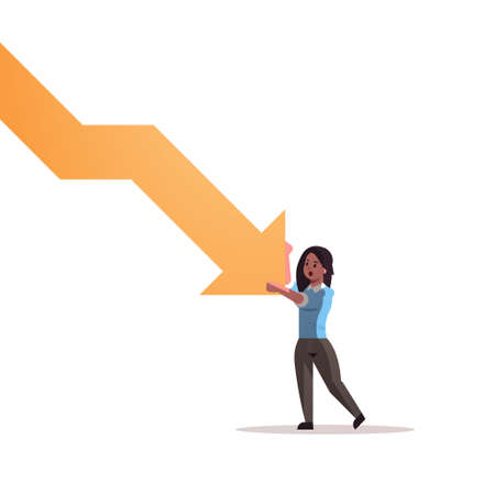 stressed businesswoman stopping economic arrow falling down financial crisis bankrupt investment risk concept full length vector illustrationのイラスト素材