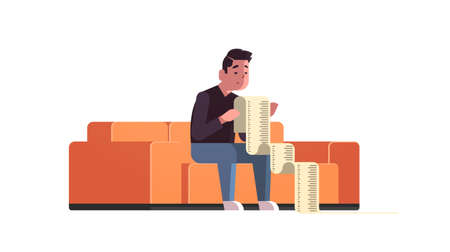 stressed businessman with long tax document debtor shocked by payment bills financial crisis bankruptcy concept bankrupt sitting on sofa worried about paying a lot of money horizontal vector illustrationのイラスト素材