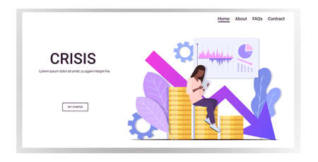 businesswoman analyzing statistics and charts fallen in price bitcoin collapse of crypto currency falling down arrow financial crisis concept full length horizontal copy space vector illustrationのイラスト素材