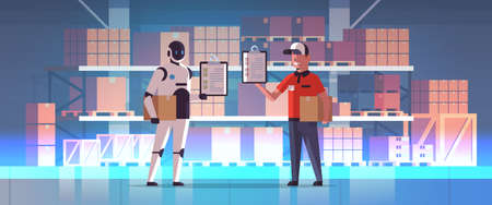robotic postman with man courier holding parcel boxes robot vs human standing together modern...