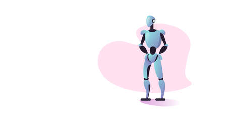 cute robot cyborg modern robotic character standing pose artificial intelligence technology concept full length horizontal vector illustrationのイラスト素材