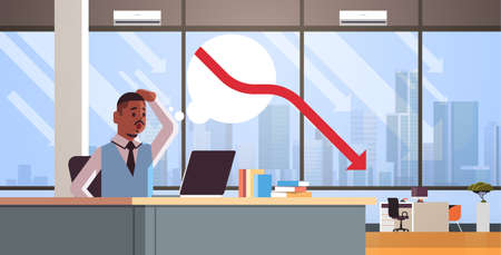 businessman frustrated about falling economic graph arrow fall down financial crisis bankrupt investment risk concept business man sitting at workplace modern office interior horizontal portrait vector illustrationのイラスト素材