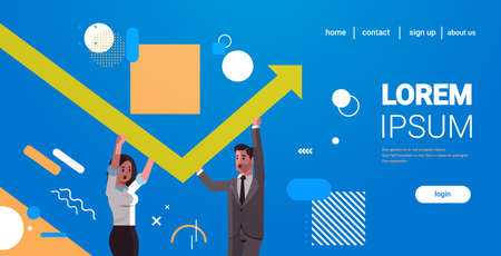 businesspeople couple rising up red growing arrow teamwork financial growth concept business people...