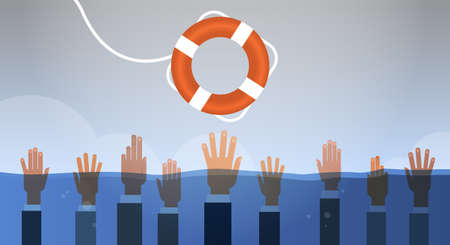drowning businessmen hands in water getting one lifebuoy helping business to survive support rescue...