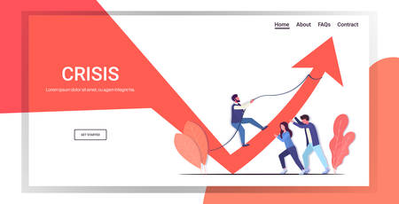 businesspeople team pushing arrow graph up growth financial crisis teamwork investment risk concept business people controlling red chart moving upward full length horizontal copy space vector illustrationのイラスト素材