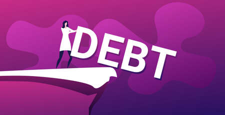 businesswoman pushing debt word into abyss freedom finance crisis concept horizontal full length...