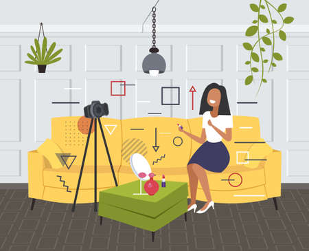 beauty blogger applying lipstick woman showing trend makeup tutorial recording online video with camera on tripod blogging concept living room interior horizontal full length vector illustrationのイラスト素材