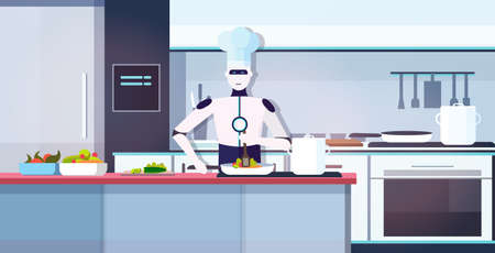 modern robot chef cooking dish robotic cook preparing food artificial intelligence technology...