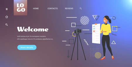 blogger presenting checklist survey exam form woman recording online video with camera on tripod result assessment blogging concept full length copy space horizontal vector illustrationのイラスト素材