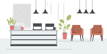 modern hair salon with chairs mirror and reception desk beauty salon interior horizontal vector illustrationのイラスト素材