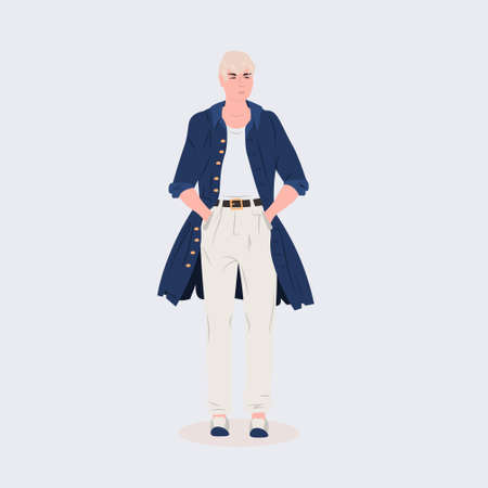 beautiful man standing pose male cartoon character in fashion clothes full length flat vector illustrationのイラスト素材