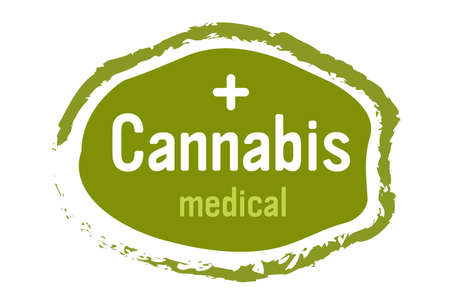 medical cannabis or marijuana leaf badge hemp legalize sticker drug consumption concept horizontal vector illustrationのイラスト素材