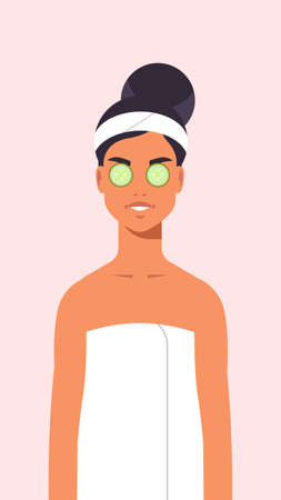 young woman getting facial clay mask dressed in towel girl lying with cucumbers on eyes cleaning and care her face skincare spa relax l treatment concept portrait vector illustrationのイラスト素材