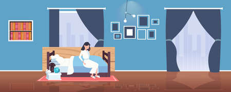 sick woman with fever and red rash coronavirus infection symptoms epidemic MERS-CoV virus   2019-nCoV pandemic health risk concept bedroom interior full length horizontal vector illustrationのイラスト素材
