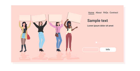 mix race activists protesting holding blank placards feminist demonstration girl power movement...
