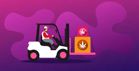 forklift driver carrying cardboard boxes with cannabis leaf medical marijuana warehouse commercial business hemp delivery concept horizontal vector illustrationのイラスト素材