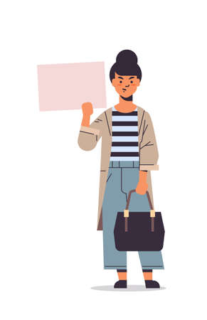 woman activist protesting holding blank placard feminist demonstration girl power movement rights protection women empowerment concept full length vertical vector illustrationのイラスト素材