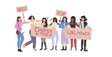 mix race activists protesting holding placards with female gender sign feminist demonstration girl power movement rights protection women empowerment concept full length horizontal vector illustrationのイラスト素材