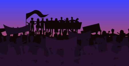 silhouette of people crowd protesters holding protest posters men women with blank vote placards demonstration speech political freedom concept horizontal full length vector illustrationのイラスト素材