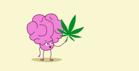 human brain holding marijuana leaf ganja legalize drug consumption cannabis addiction concept horizontal vector illustrationのイラスト素材