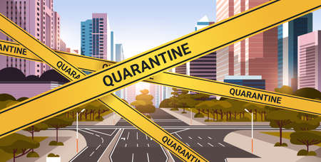 epidemic MERS-CoV quarantine caution on yellow warning tape over empty city street coronavirus infection 2019-nCoV pandemic health risk concept cityscape background horizontal vector illustrationのイラスト素材