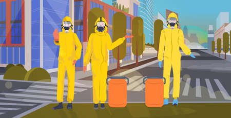 people wearing yellow hazmat suits and protection masks to prevent epidemic MERS-CoV cleaning disinfecting city streetのイラスト素材