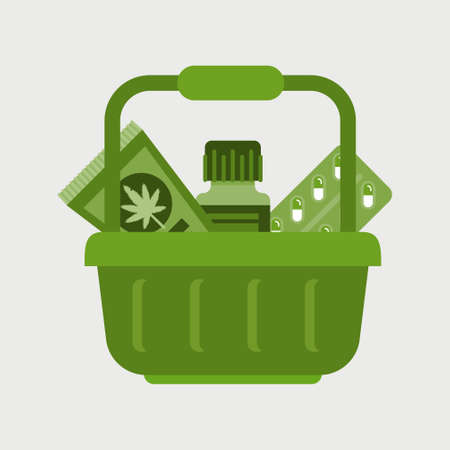 basket with cbd products medical cannabis or marijuana ganja legalize drug consumption concept vector illustrationのイラスト素材