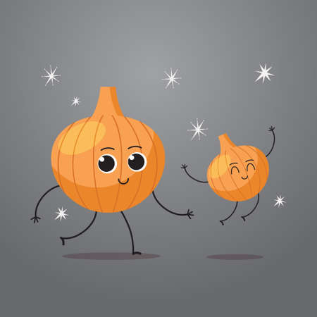 cute fresh onion characters couple tasty cartoon mascot vegetable personages healthy food concept vector illustrationのイラスト素材