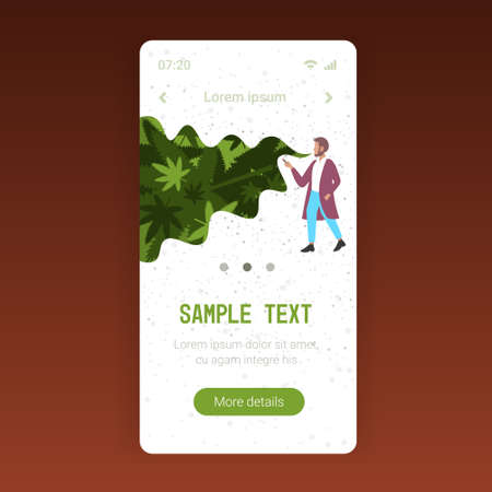 man smoking cannabis joint legal marijuana for recreational use drug consumption concept smoke cloud green leaves background smartphone screen online mobile app copy space full length vector illustrationのイラスト素材