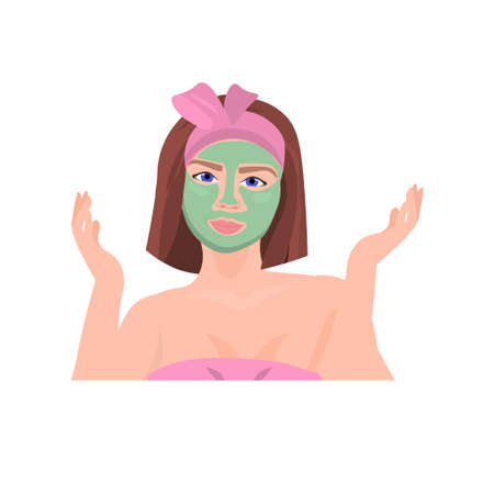 young woman applying clay face mask skincare spa facial treatment concept portrait vector illustrationのイラスト素材