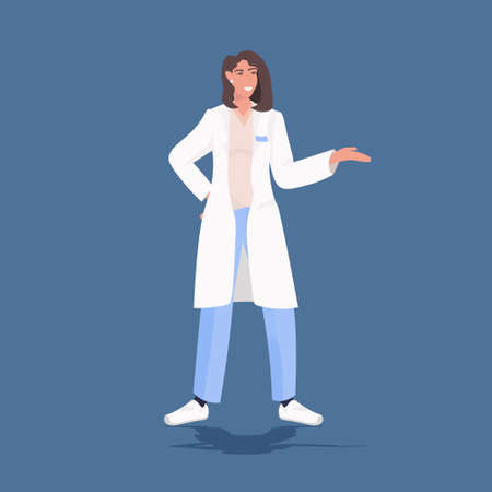 female scientist pointing hand woman researcher in white coat showing something medical laboratory worker concept full length vector illustrationのイラスト素材