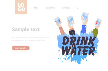 human hands holding glasses of fresh pure clean water healthy drink concept flat copy space horizontal vector illustrationのイラスト素材