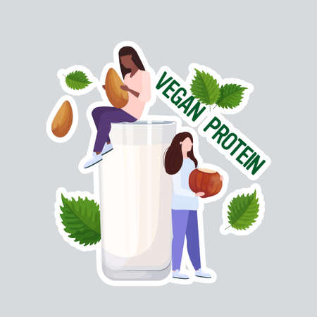 mix race girls drinking plant based almond hazelnut milk organic dairy free natural raw vegan protein full length vector illustrationのイラスト素材