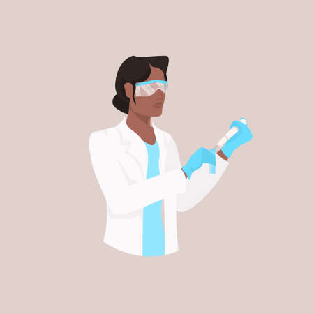 male scientist in protective glasses and gloves dropping liquid substance into test tube african american researcher using long glass pipette scientific chemical experiment portrait vector illustrationのイラスト素材