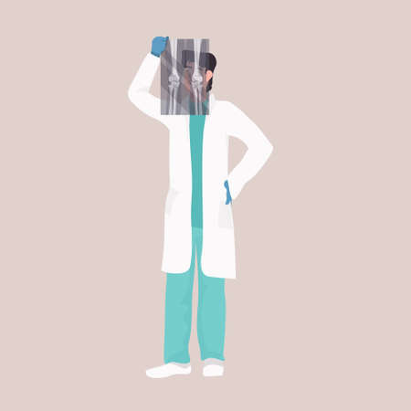 male doctor examining x-ray knee joint inflammation osteoarthritis traumatology concept medicine healthcare concept full length vector illustrationのイラスト素材