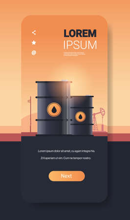 oil barrels petroleum production trade oil industry concept pump jack industrial equipment drilling rig background smartphone screen mobile app vertical copy space vector illustrationのイラスト素材