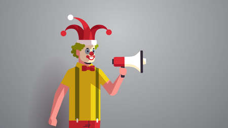 first april fool day man in funny jester hat and clown mask holding loudspeaker holiday celebration concept horizontal portrait vector illustrationのイラスト素材