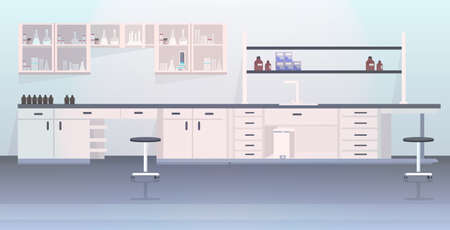 modern lab interior empty no people chemical laboratory with furniture horizontal vector illustrationのイラスト素材