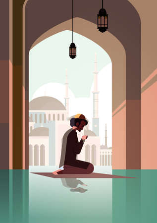 religious muslim man kneeling on carpet and praying inside mosque ramadan kareem holy month religion concept full length vertical vector illustrationのイラスト素材