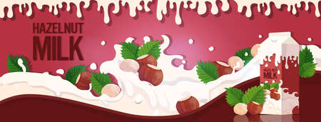 vegan plant based hazelnut milk with splashing liquid and seeds organic dairy free natural organic milk in paper packaging horizontal vector illustrationのイラスト素材