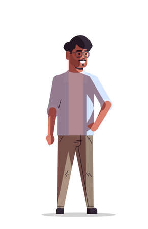 beautiful indian man wearing glasses smiling male cartoon character standing pose full length isolated vertical vector illustrationのイラスト素材