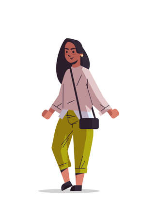 beautiful indian woman with handbag posing to camera smiling female cartoon character standing pose isolated vertical full length vector illustrationのイラスト素材
