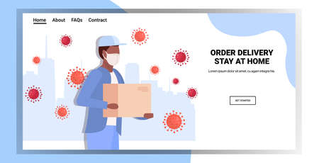 african american courier in mask carrying parcel box coronavirus outbreak prevention order delivery stay at home concept horizontal portrait copy space vector illustrationのイラスト素材