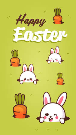 happy easter greeting card with rabbits looking from holes lettering poster template with cute bunniesのイラスト素材