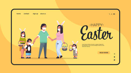family holding baskets with eggs celebrating happy easter holiday wearing mask to prevent coronavirusのイラスト素材