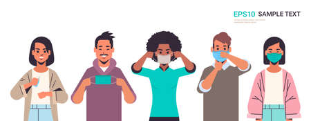 how to wear medical face mask covid-19 protection mix race people presenting step by step correct method of wearing mask to reduce coronavirus spreading horizontal portrait vector illustrationのイラスト素材