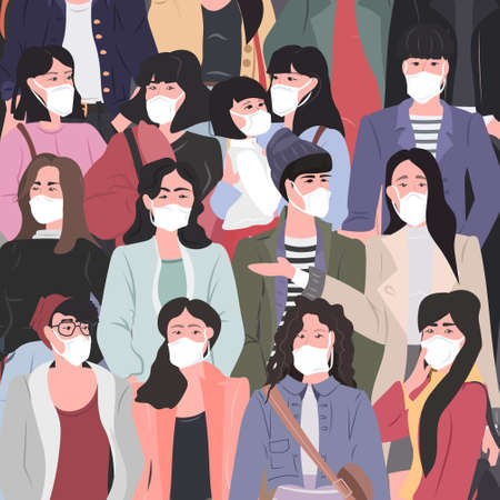 crowd of people wearing medical masks coronavirus 2019-nCoV epidemic disease pandemic quarantine concept men women standing together vector illustrationのイラスト素材