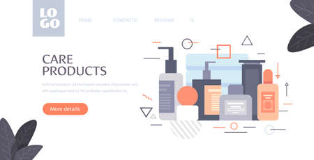 set cosmetic or perfume containers bottles facial beauty spa care products natural cosmetology packaging skin treatment concept horizontal copy space vector illustrationのイラスト素材